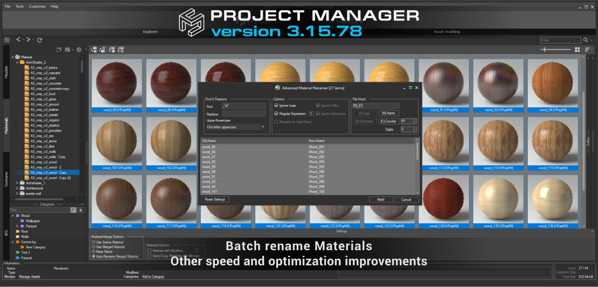 Project Manager 3.15.78 - Batch rename Materials.Other speed and optimization improvements