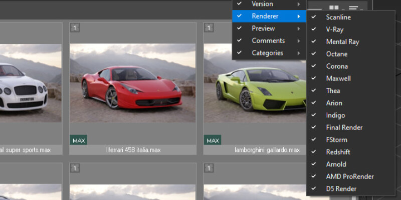 Effortlessly filter your models by various criteria, including 3Ds Max version, renderer, comments, category, and even image preview status