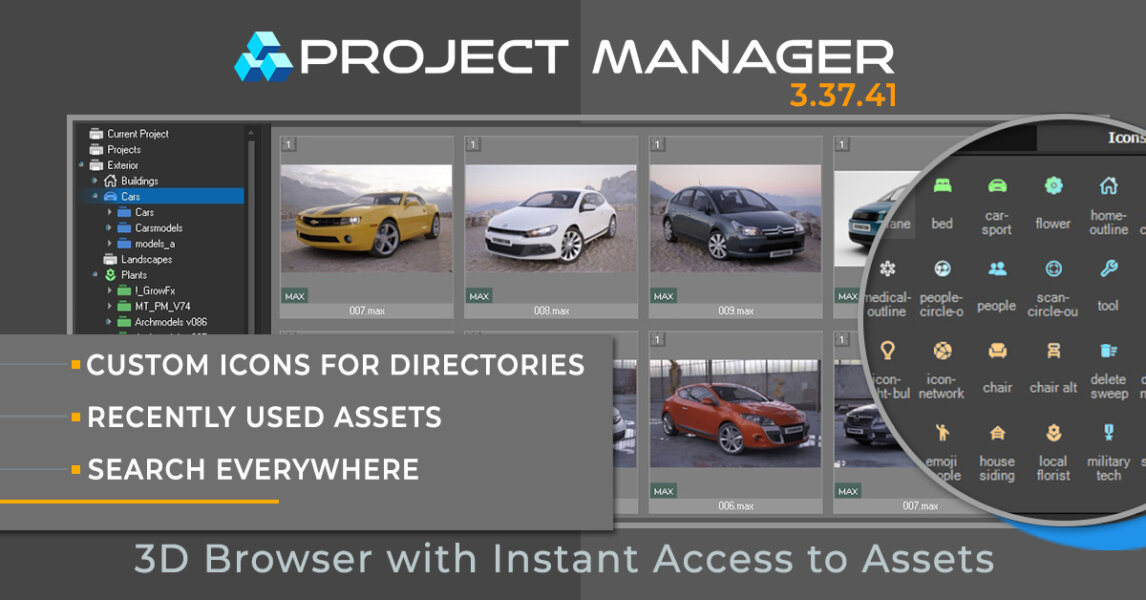 Project Manager 3.37.41 - Navigate and Organize 3D Assets - Custom Icons and Quick Access Recent Assets with Project Manager