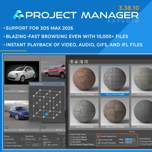 Project Manager 3.38.10 - Support for 3Ds Max 2026. Instant playback of video, audio, GIFs, and IFL files