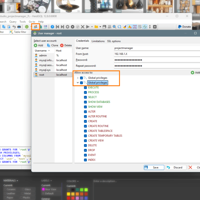 HeidiSQL User manager — the projectmanager account, From host 192.168.1.X, Global privileges expanded with CREATE TABLESPACE ticked.