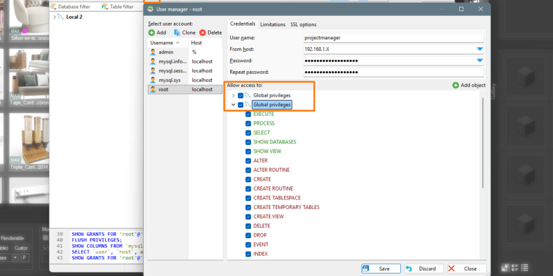 HeidiSQL User manager — the projectmanager account, From host 192.168.1.X, Global privileges expanded with CREATE TABLESPACE ticked.