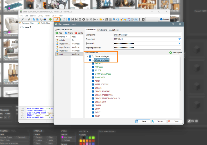 HeidiSQL User manager — the projectmanager account, From host 192.168.1.X, Global privileges expanded with CREATE TABLESPACE ticked.