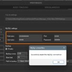 Project Manager Preferences, Database tab, MySQL selected with connection fields filled and a "Successfully made the MySQL connection" confirmation.