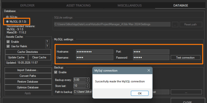 Project Manager Preferences, Database tab, MySQL selected with connection fields filled and a "Successfully made the MySQL connection" confirmation.