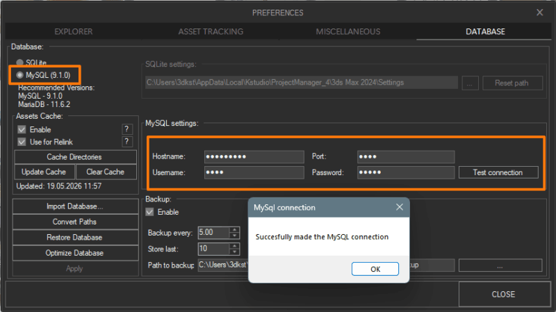 Project Manager Preferences, Database tab, MySQL selected with connection fields filled and a "Successfully made the MySQL connection" confirmation.