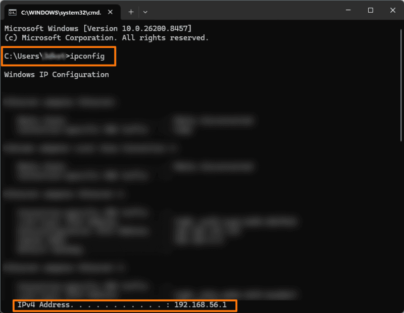 Windows Command Prompt running ipconfig, with the IPv4 Address line highlighted. Windows Command Prompt running ipconfig, with the IPv4 Address line highlighted.