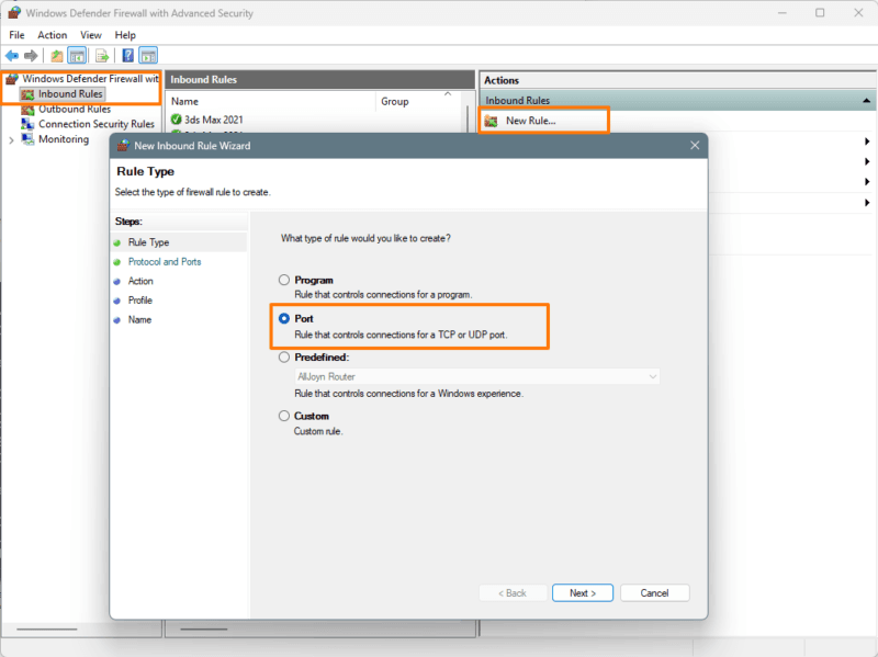 Windows Firewall New Inbound Rule Wizard, Rule Type step, with Port selected