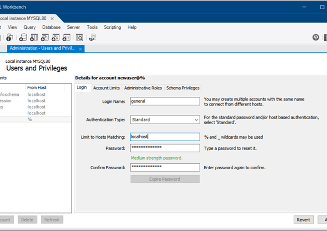MySQL Workbench Users and Privileges, Login tab, Authentication Type set to Standard.