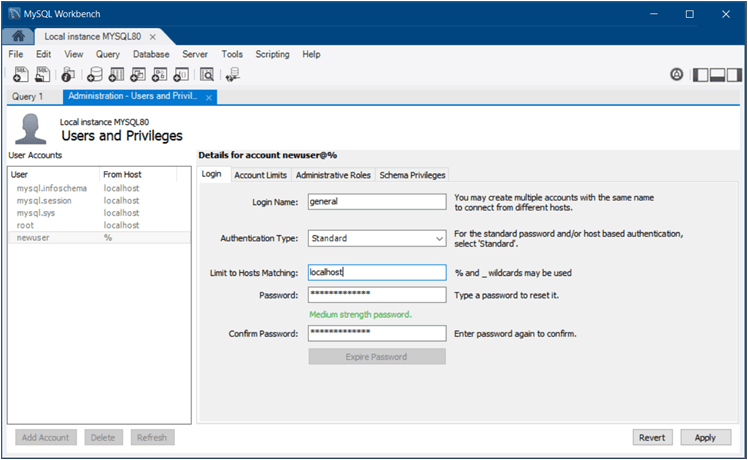 MySQL Workbench Users and Privileges MySQL Workbench Users and Privileges, Login tab, Authentication Type set to Standard.