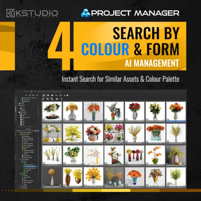 Project Manager 4 interface showing a tidy 3D model library with a category tree and colour filters