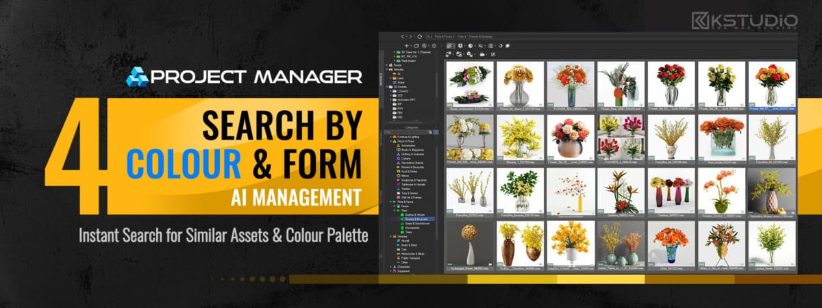 Project Manager 4 interface showing a tidy 3D model library with a category tree and colour filters