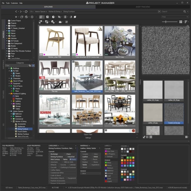 The External Links view in Project Manager 4's gallery listing a scene's texture files with a zoomed bump-map preview.
