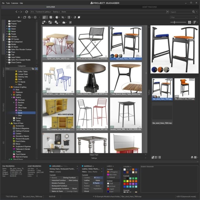 Find Similar results in Project Manager 4: the current folder showing stools and chairs that share the style of a selected bar stool.