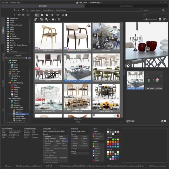 The Gallery tab in Project Manager 4 displaying linked previews of a dining table with a zoomed-in high-resolution preview