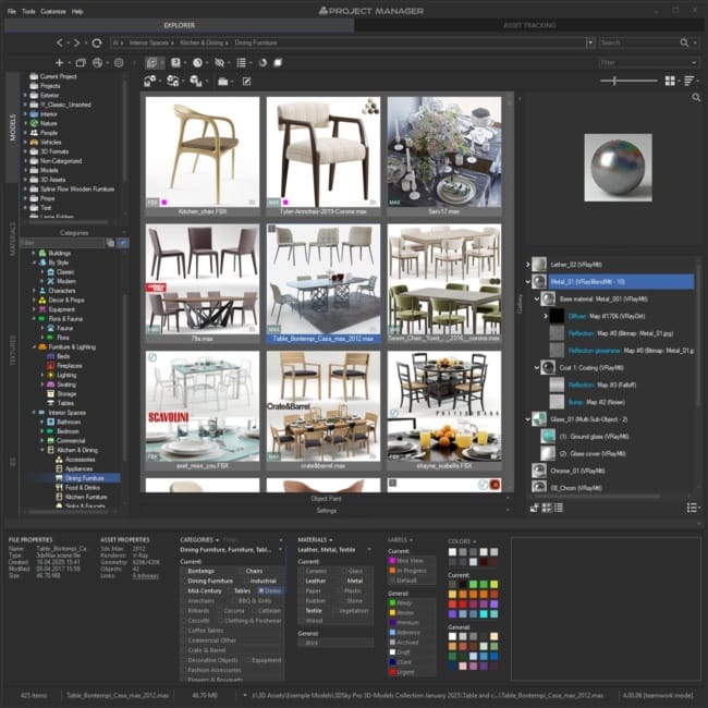 The Materials tab in Project Manager 4's gallery showing a 3ds Max scene's full material tree, including a V-Ray blend material and its maps