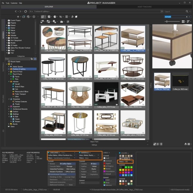 Cross-filtering in action: Categories (Coffee Tables + Scandinavian Furniture), Materials (Glass), and Colours
