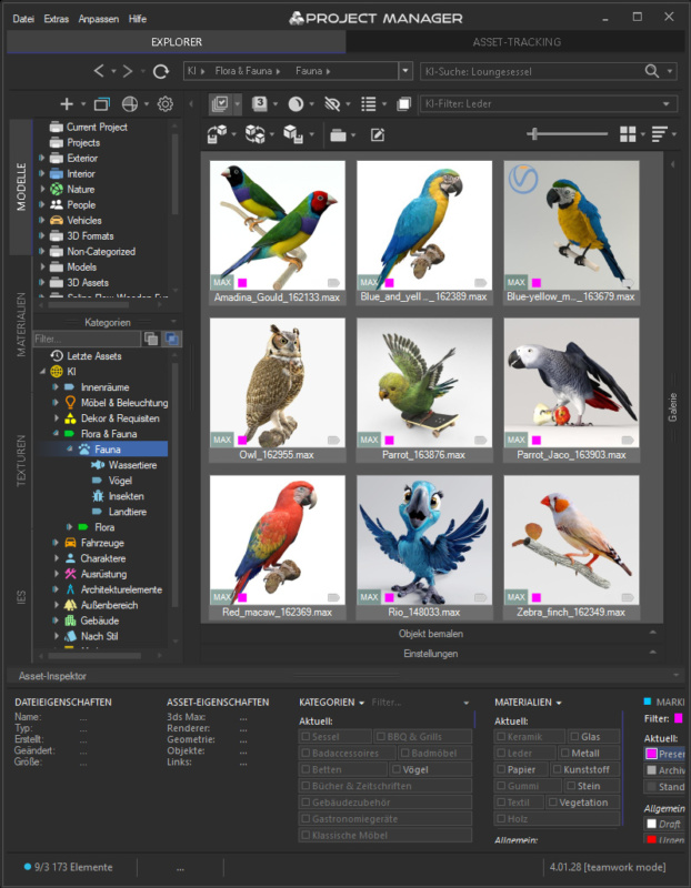 Project Manager for 3ds Max with the interface and AI categories in German