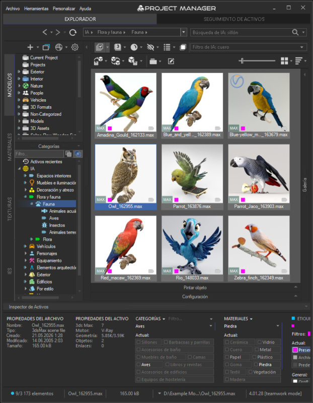 Project Manager for 3ds Max with the interface and AI categories in Spanish