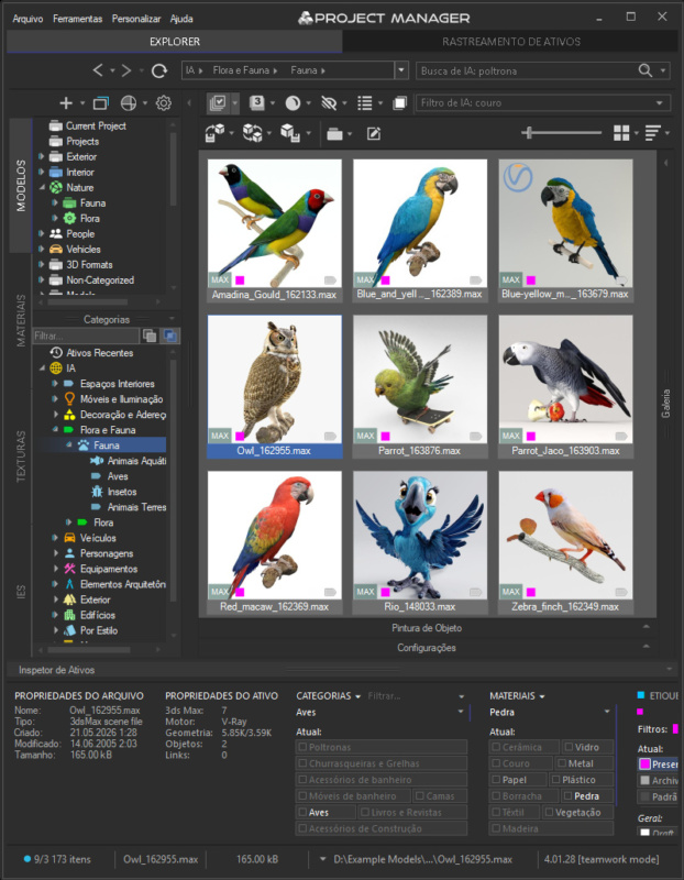 Project Manager for 3ds Max with the interface and AI categories in Portuguese