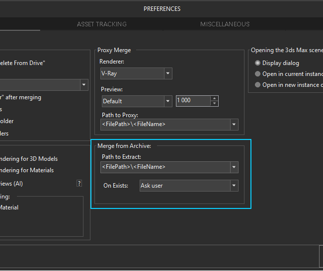 Project Manager Preferences, Explorer tab: Merge from Archive settings with Path to Extract set to and On Exists set to Ask user