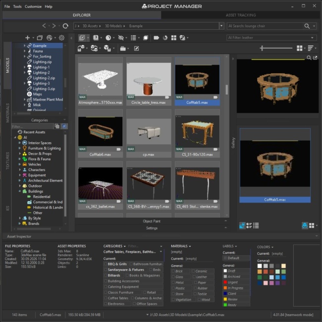 Project Manager displaying embedded thumbnails of .max files alongside AI asset categories