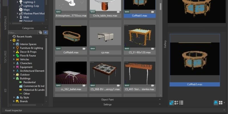 Project Manager displaying embedded thumbnails of .max files alongside AI asset categories
