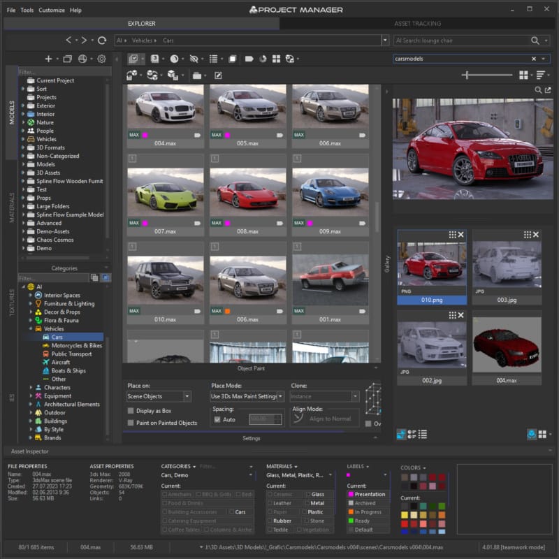 Project Manager 4 browsing a 3D model library inside 3ds Max