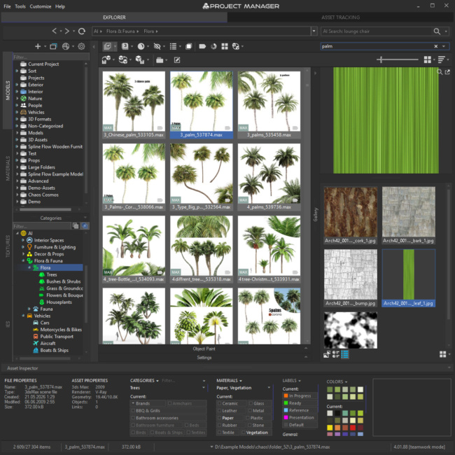 The External Links view in Project Manager 4's gallery listing a scene's texture files with a zoomed diffuse-map preview