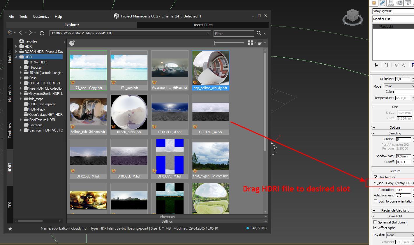 assign HDRI to desired slot of Vray Light by dragging